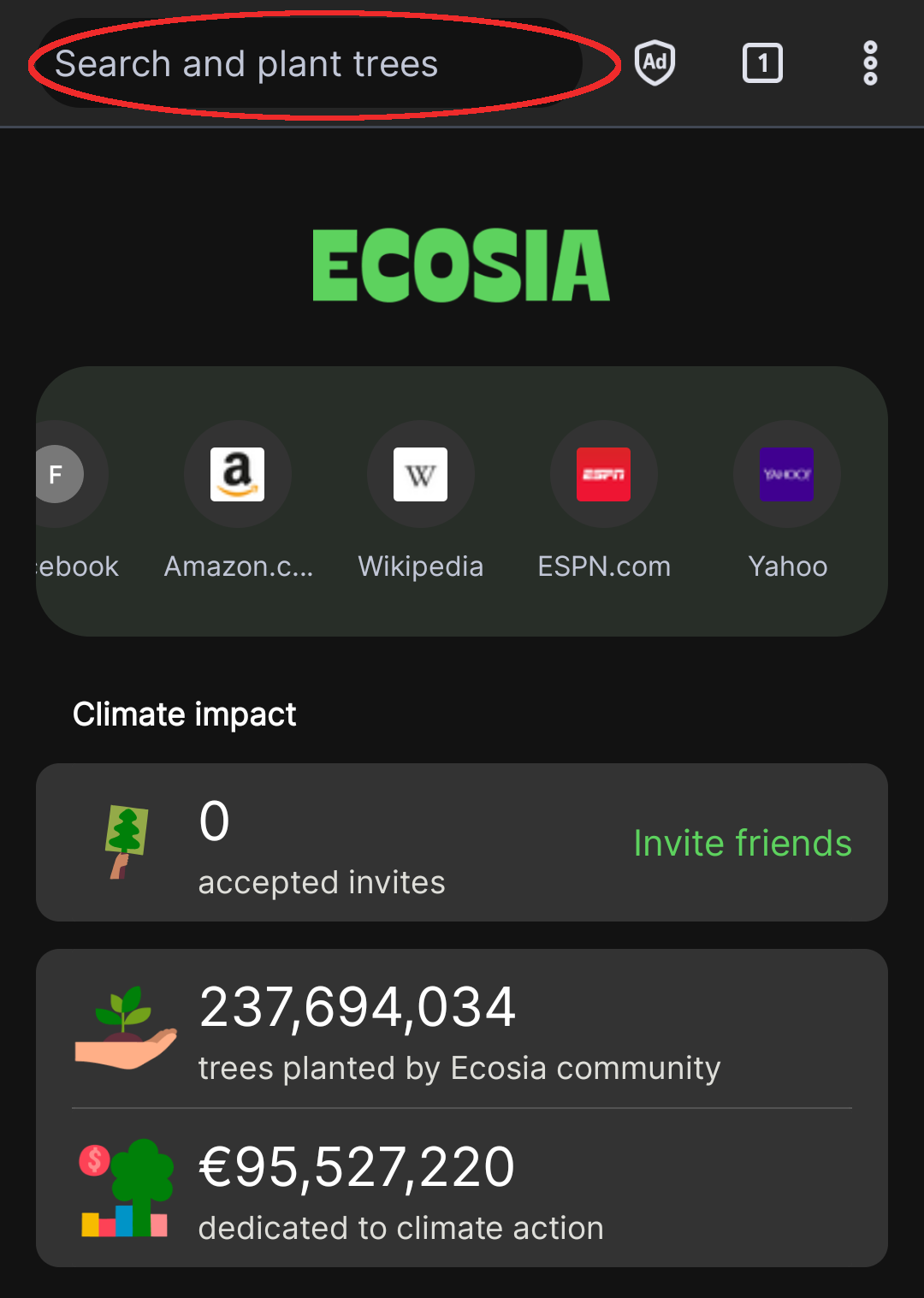Ecosiaホーム画面スクショ